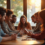Groupe d'amis dans un café moderne utilisant leurs smartphones
