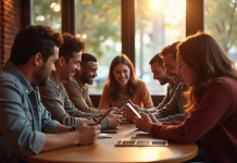 Groupe d'amis dans un café moderne utilisant leurs smartphones