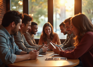 Groupe d'amis dans un café moderne utilisant leurs smartphones