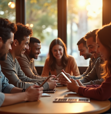 Groupe d'amis dans un café moderne utilisant leurs smartphones