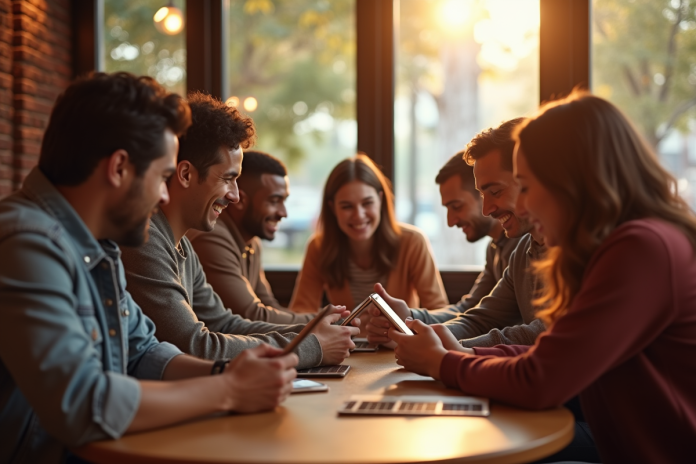 groupe-amis-cafe-smartphones Groupe d'amis dans un café moderne utilisant leurs smartphones