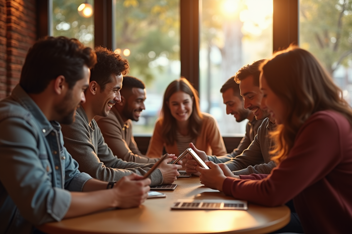 Groupe d'amis dans un café moderne utilisant leurs smartphones