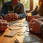 Groupe d'amis jouant aux cartes autour d'une table ensoleillée