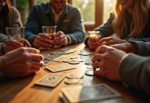 Groupe d'amis jouant aux cartes autour d'une table ensoleillée