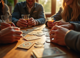 Groupe d'amis jouant aux cartes autour d'une table ensoleillée