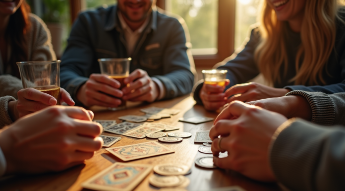 Groupe d'amis jouant aux cartes autour d'une table ensoleillée