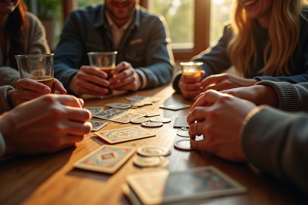 Groupe d'amis jouant aux cartes autour d'une table ensoleillée