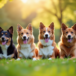 Groupe de chiens mâles assis dans un parc ensoleille