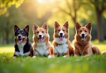 Groupe de chiens mâles assis dans un parc ensoleille
