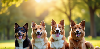 Groupe de chiens mâles assis dans un parc ensoleille