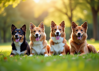 Groupe de chiens mâles assis dans un parc ensoleille