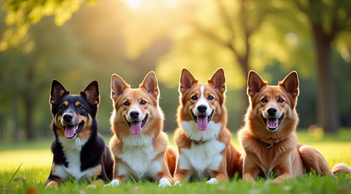 Groupe de chiens mâles assis dans un parc ensoleille