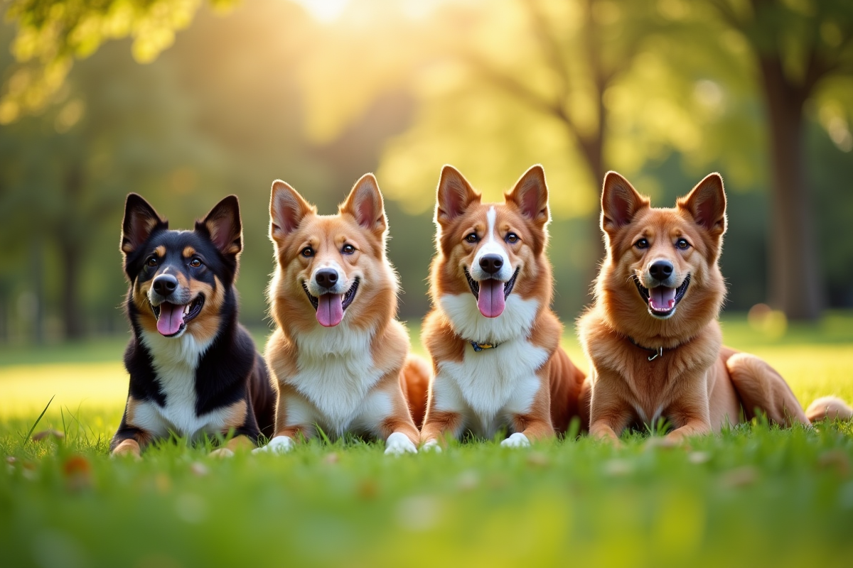 Groupe de chiens mâles assis dans un parc ensoleille