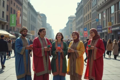 Groupe divers en v&ecirc;tements traditionnels dans une place urbaine