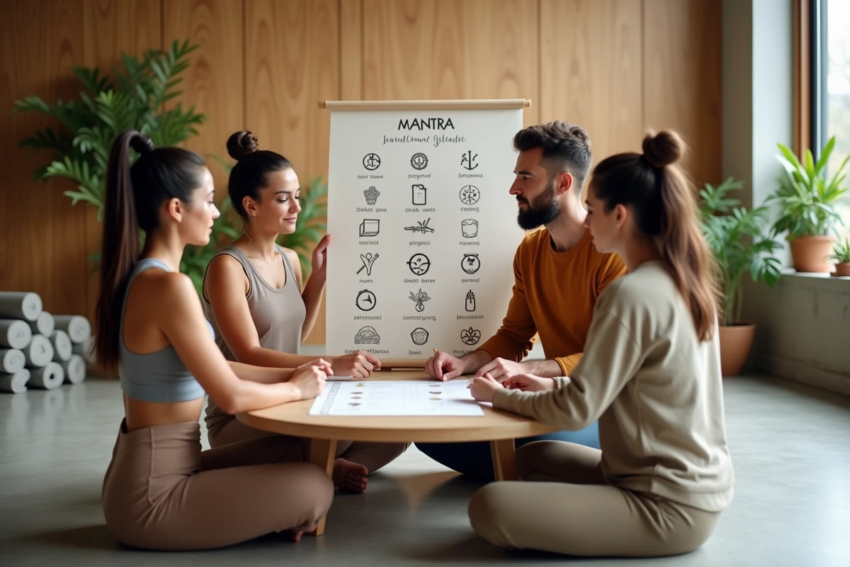 Groupe d'adultes étudiant des synonymes et traductions de mantras sur une affiche multilingue dans un studio de yoga moderne