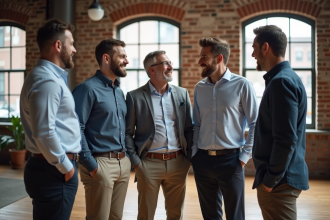 Groupe d'hommes en tenue casual dans un loft urbain