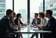 Groupe de jeunes professionnels discutant carrière autour d'une table