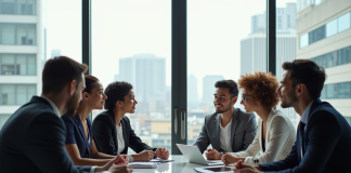 Groupe de jeunes professionnels discutant carrière autour d'une table