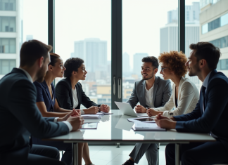 Groupe de jeunes professionnels discutant carrière autour d'une table