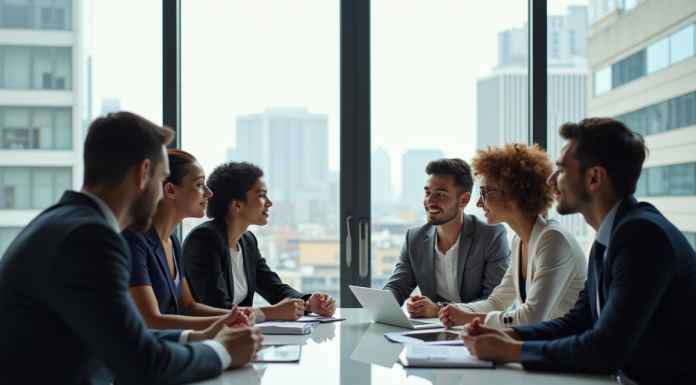 Groupe de jeunes professionnels discutant carrière autour d'une table