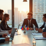 Groupe de jeunes professionnels discutant autour d'une table avec drapeaux européens