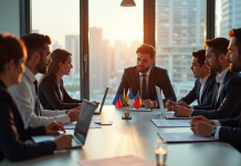Groupe de jeunes professionnels discutant autour d'une table avec drapeaux européens