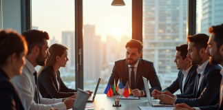 Groupe de jeunes professionnels discutant autour d'une table avec drapeaux européens