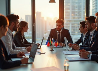 Groupe de jeunes professionnels discutant autour d'une table avec drapeaux européens