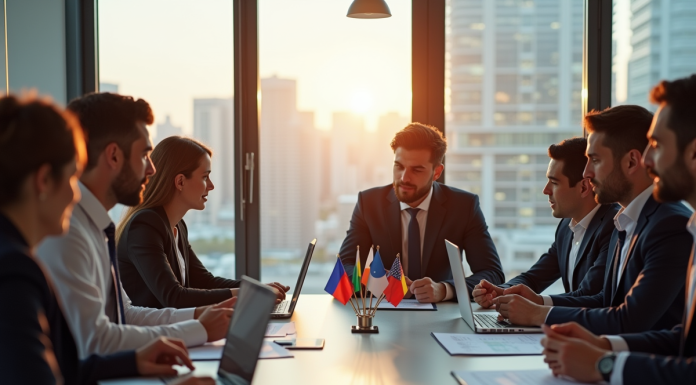 Groupe de jeunes professionnels discutant autour d'une table avec drapeaux européens