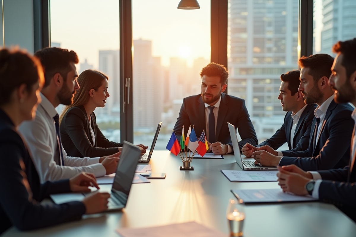 Groupe de jeunes professionnels discutant autour d'une table avec drapeaux européens
