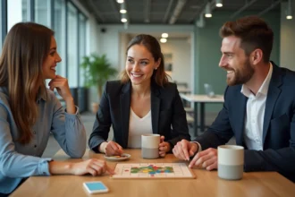 Groupe de jeunes professionnels jouant à Cepantix dans un espace moderne