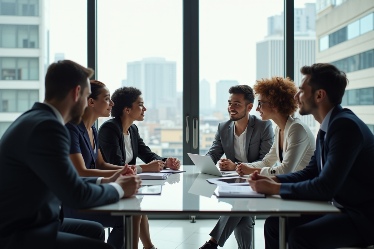 Groupe de jeunes professionnels discutant carrière autour d'une table