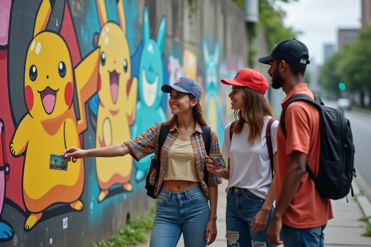 Groupe de fans devant un mural Pokémon urbain