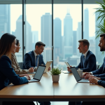 Investissements dans les technologies numériques : résultats critiques à connaître en 2025 ! Groupe de professionnels en réunion dans un bureau moderne avec vue urbaine futuriste