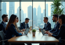 Investissements dans les technologies numériques : résultats critiques à connaître en 2025 ! Groupe de professionnels en réunion dans un bureau moderne avec vue urbaine futuriste