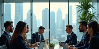 Investissements dans les technologies numériques : résultats critiques à connaître en 2025 ! Groupe de professionnels en réunion dans un bureau moderne avec vue urbaine futuriste