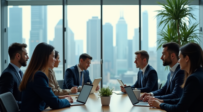 Investissements dans les technologies numériques : résultats critiques à connaître en 2025 ! Groupe de professionnels en réunion dans un bureau moderne avec vue urbaine futuriste