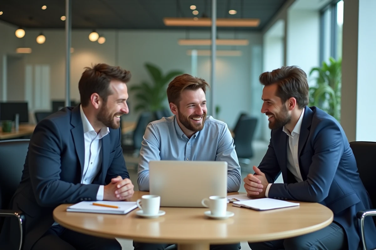 Groupe de professionnels réunis autour d'un ordinateur portable pour développer leur réseau business en ligne
