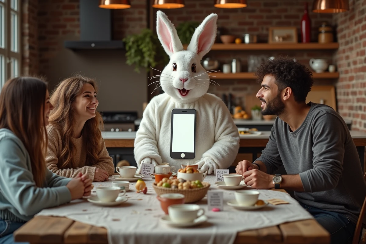 Groupe d'amis autour d'une table de fête à thème Alice au Pays des Merveilles avec un costume de lapin blanc mème et décoration vintage de party du chapelier fou
