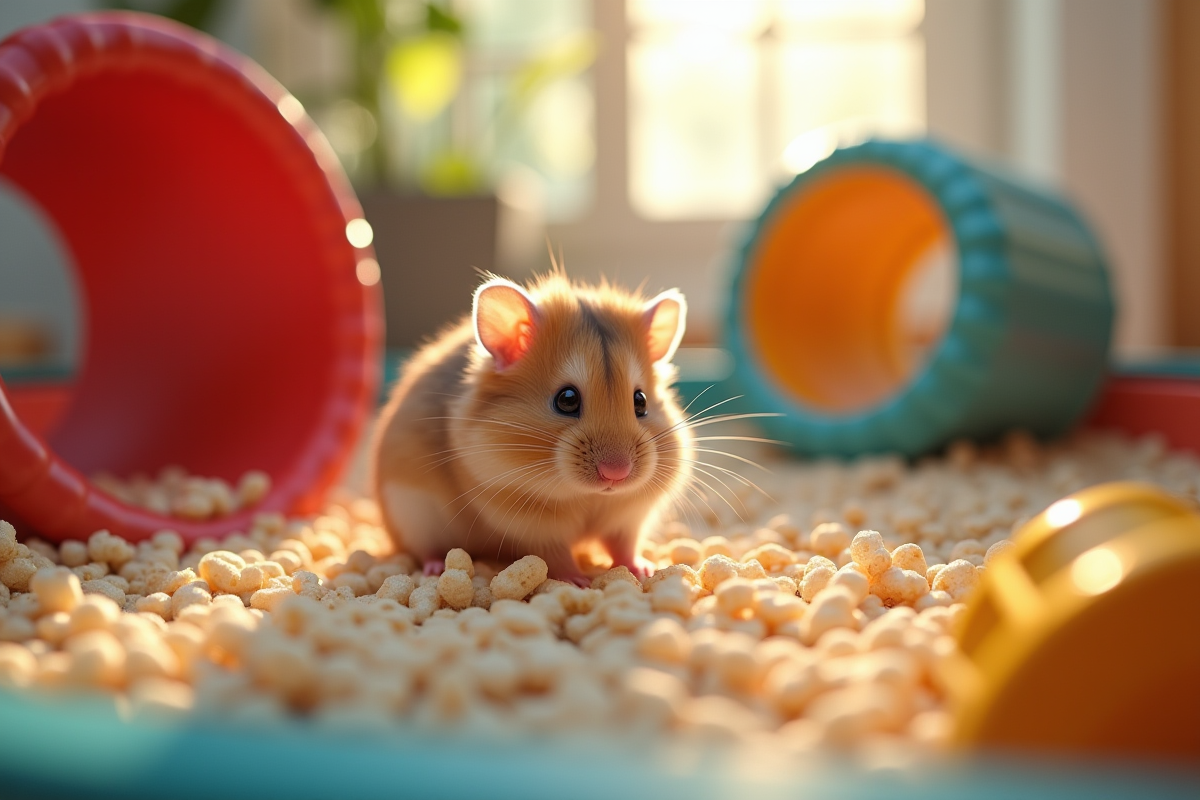 Hamster russe explorant une cage colorée avec tunnels et roue