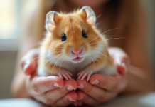 Hamster russe mignon dans les mains d’un enfant en intérieur