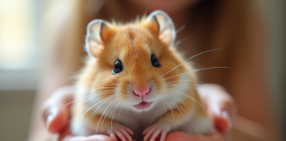 Hamster russe mignon dans les mains d’un enfant en intérieur