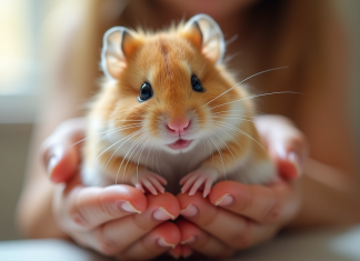Hamster russe mignon dans les mains d’un enfant en intérieur