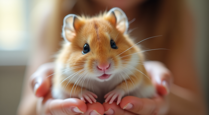 Hamster russe mignon dans les mains d’un enfant en intérieur