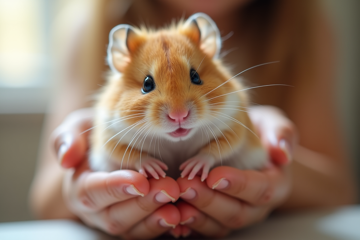 Hamster russe mignon dans les mains d’un enfant en intérieur