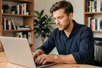 Homme consultant son ordinateur portable pour accéder à un nouveau site après un changement de nom de domaine