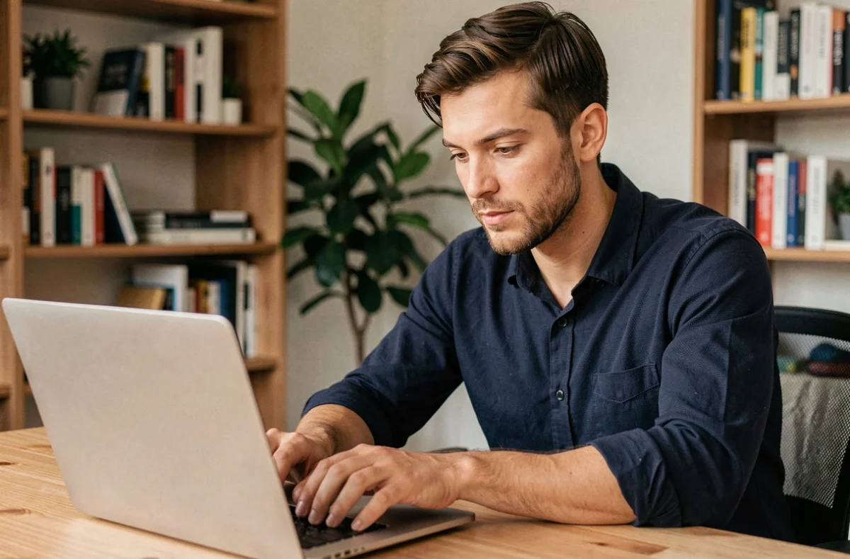 Homme consultant son ordinateur portable pour accéder à un nouveau site après un changement de nom de domaine