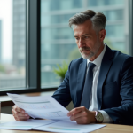 Homme d'affaires en costume regardant des documents financiers