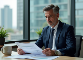 Homme d'affaires en costume regardant des documents financiers