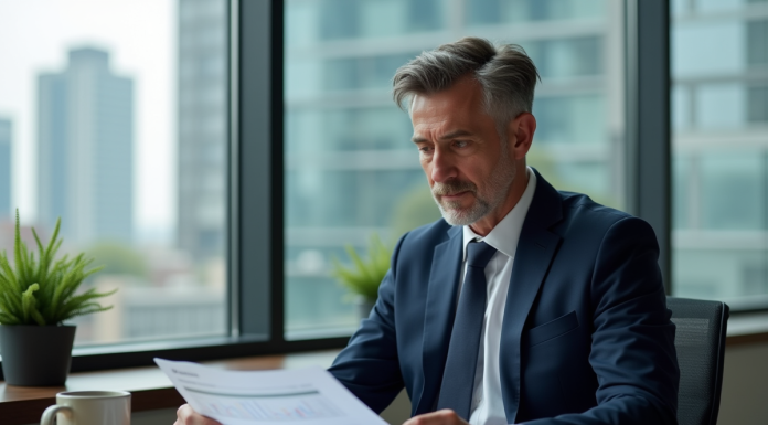 Homme d'affaires en costume regardant des documents financiers